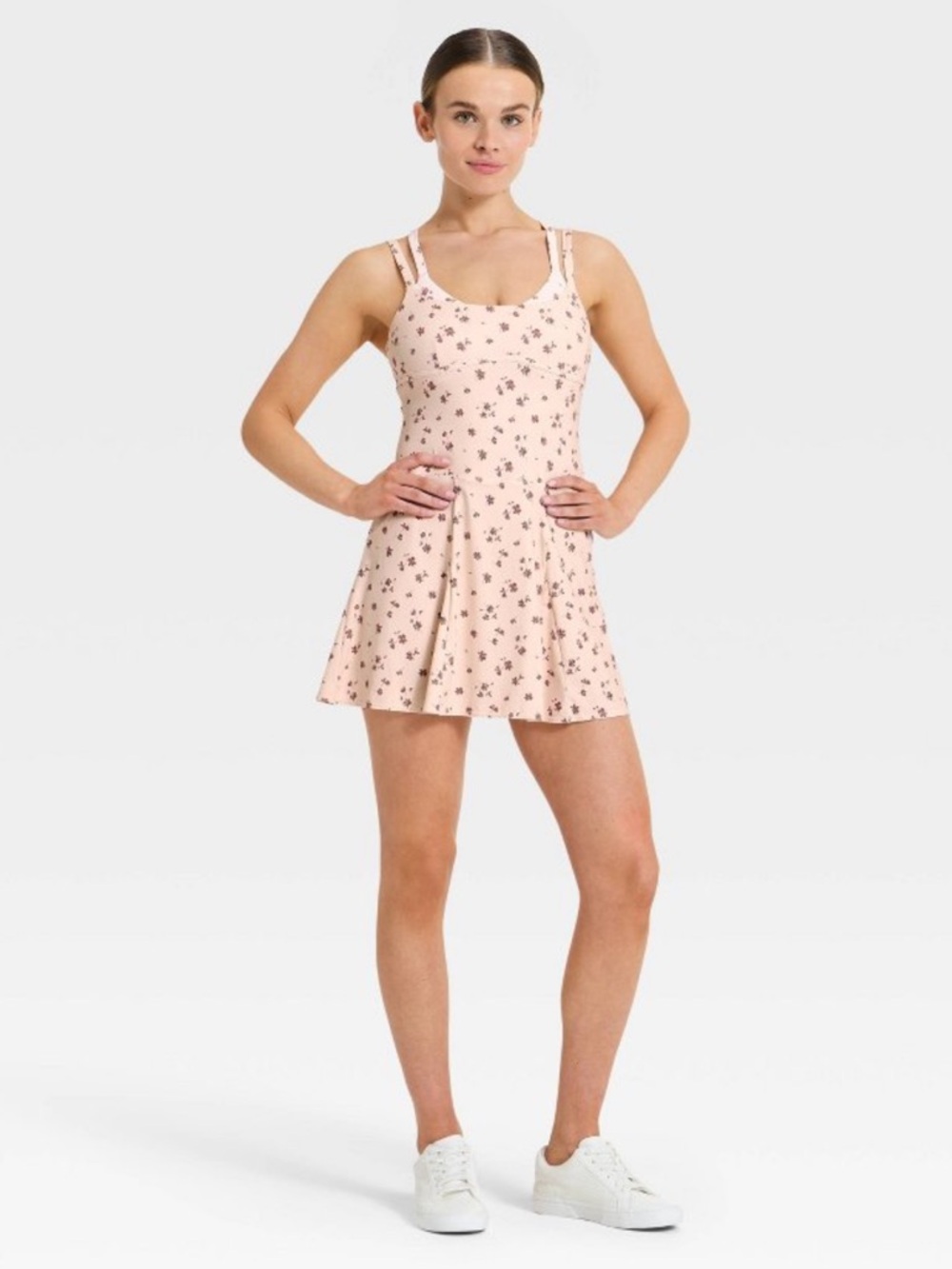 Joylab strappy floral active dress with built in shorts brown/pink/cream size L
